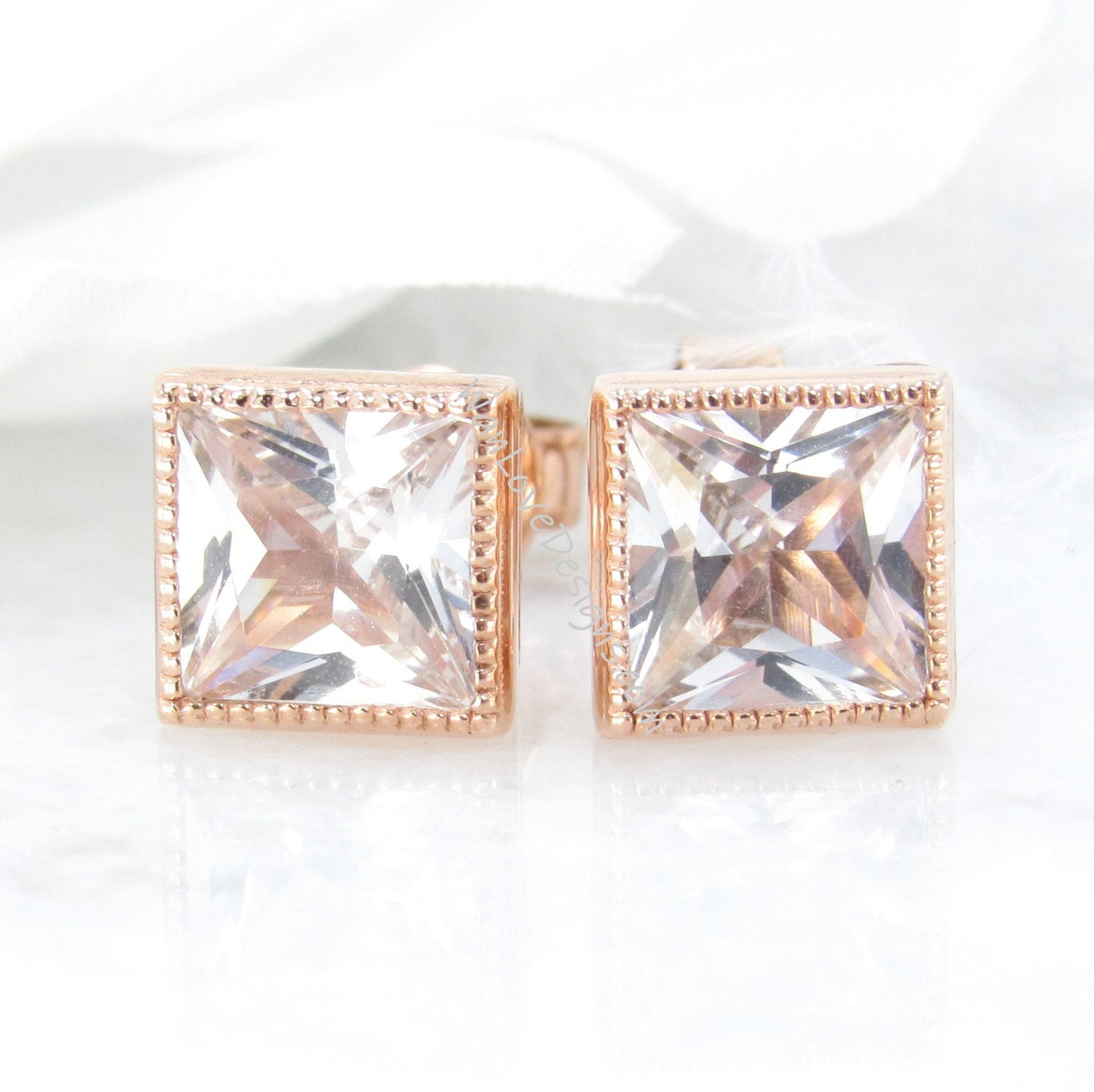 3ct Princess Cut White Sapphire Stud Earrings, Milgrain Rose Gold Wedding Earrings, Bezel Set Earrings, Anniversary Gifts, Ready to Ship