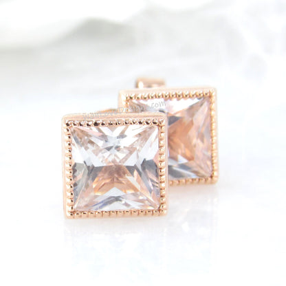 3ct Princess Cut White Sapphire Stud Earrings, Milgrain Rose Gold Wedding Earrings, Bezel Set Earrings, Anniversary Gifts, Ready to Ship