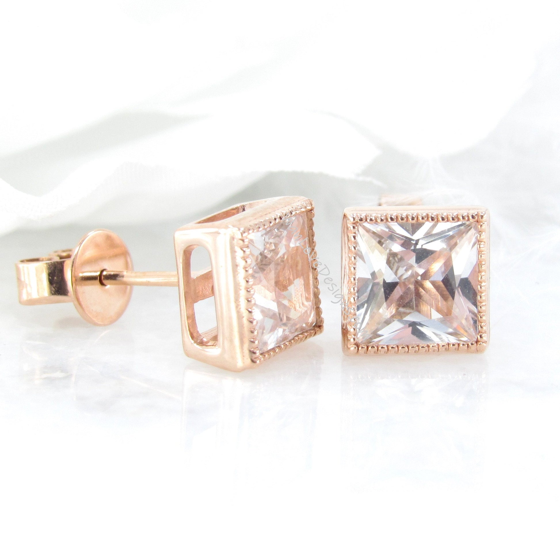 3ct Princess Cut White Sapphire Stud Earrings, Milgrain Rose Gold Wedding Earrings, Bezel Set Earrings, Anniversary Gifts, Ready to Ship