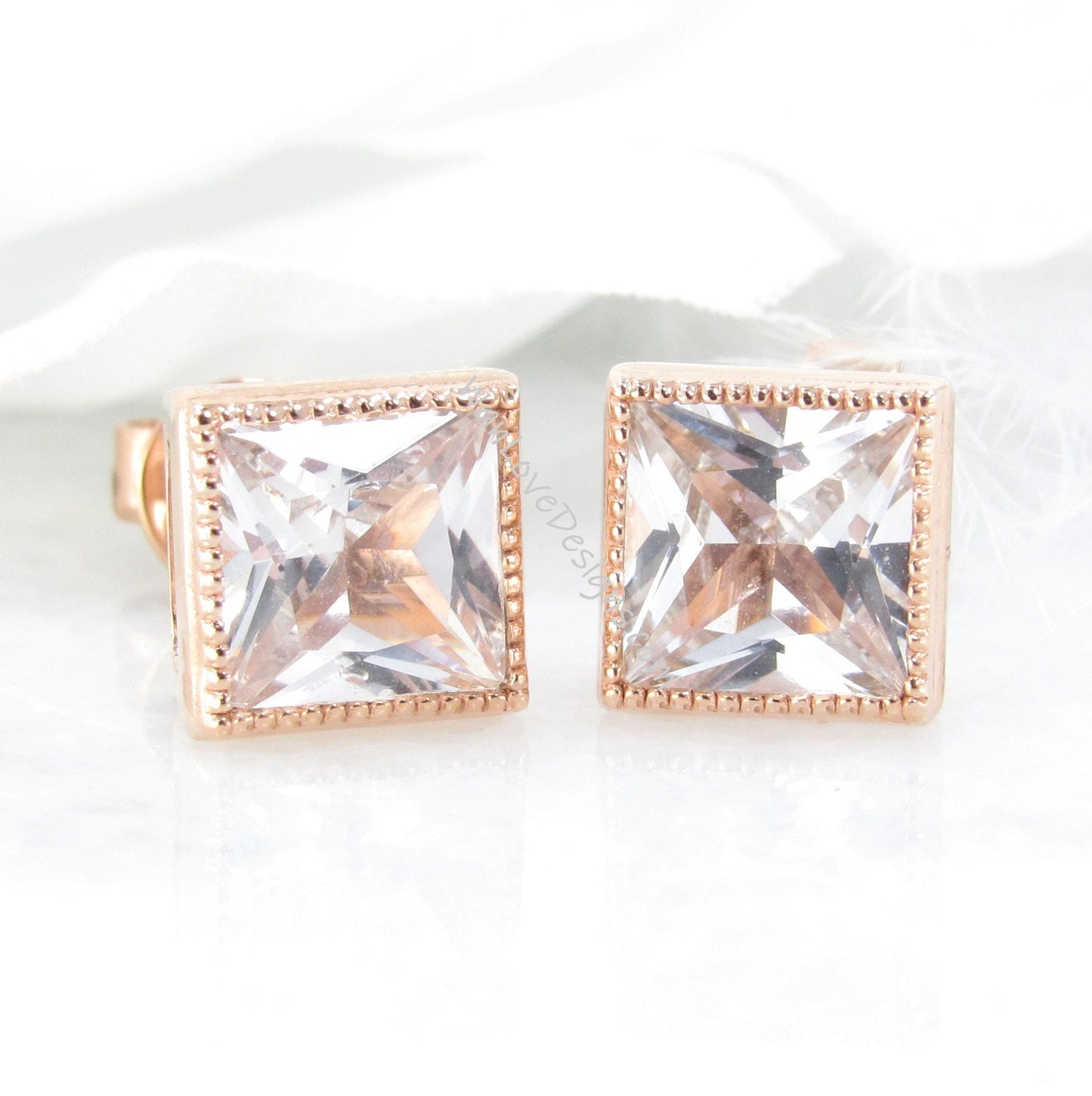 3ct Princess Cut White Sapphire Stud Earrings, Milgrain Rose Gold Wedding Earrings, Bezel Set Earrings, Anniversary Gifts, Ready to Ship