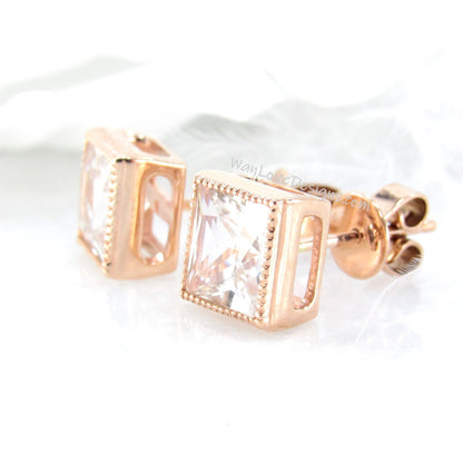 3ct Princess Cut White Sapphire Stud Earrings, Milgrain Rose Gold Wedding Earrings, Bezel Set Earrings, Anniversary Gifts, Ready to Ship