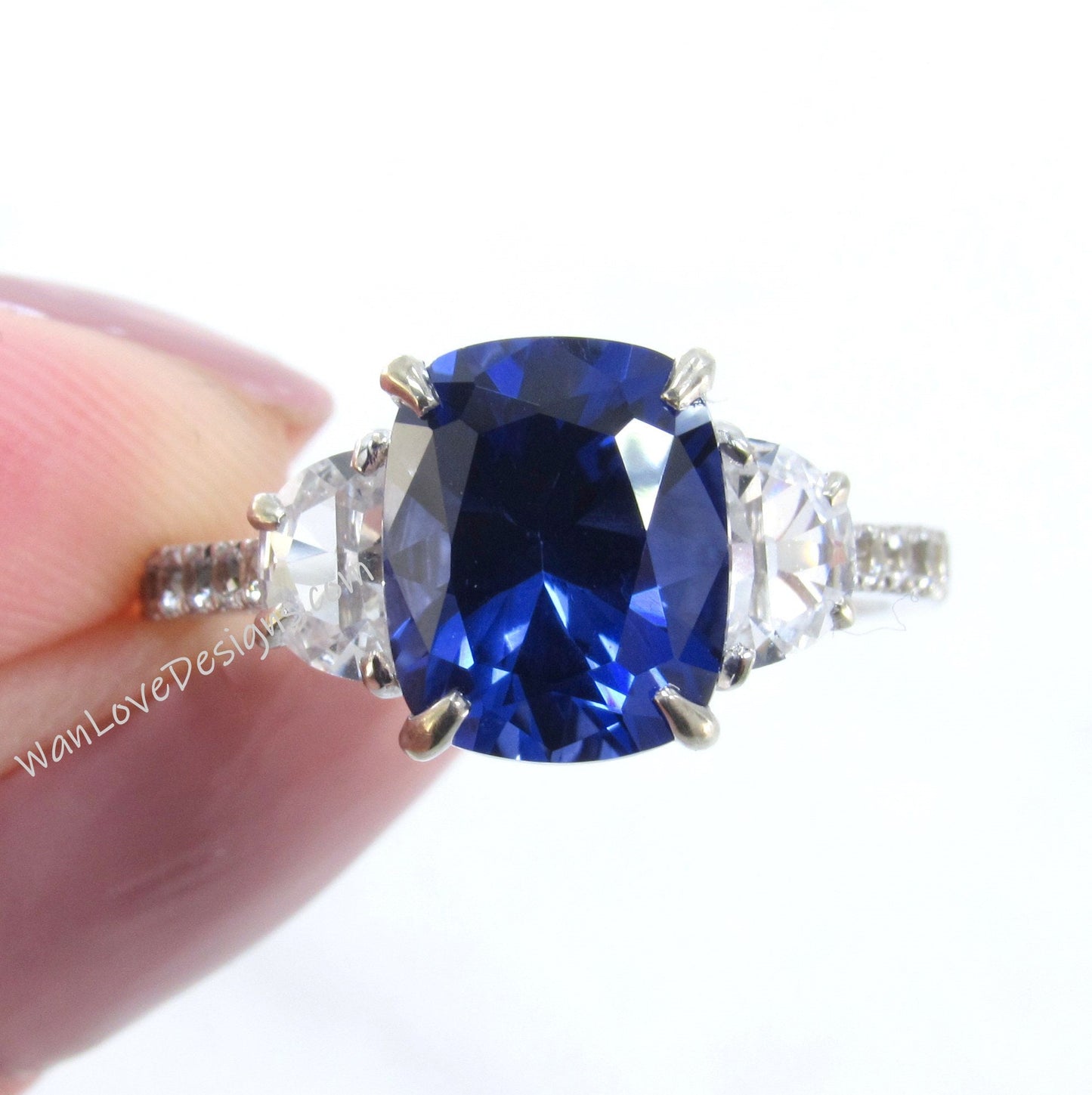 Blue White Sapphire Elongated Cushion Half moon Engagement Ring 4ct art deco three gem stone ring 3 gemstone wedding bridal anniversary gift