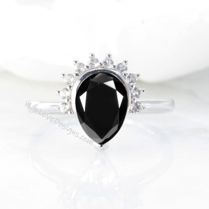 Black Spinel Pear Cut Ring, Semi Bezel Ring, Half Halo Diamonds ring, Black Spinel Engagement Ring, Black and White Halo Ring,WanLoveDesigns