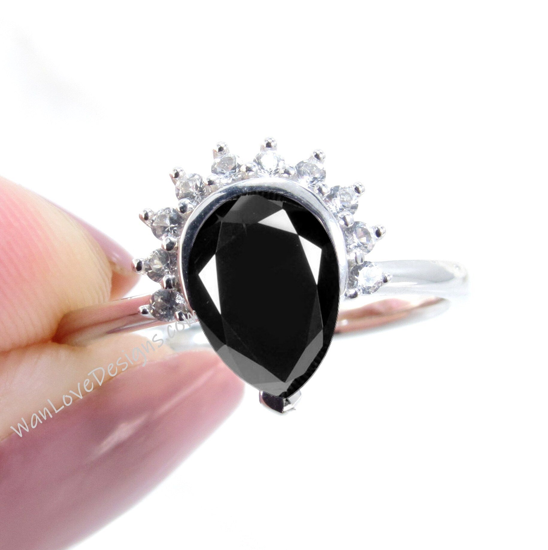 Black Spinel Pear Cut Ring, Semi Bezel Ring, Half Halo Diamonds ring, Black Spinel Engagement Ring, Black and White Halo Ring,WanLoveDesigns