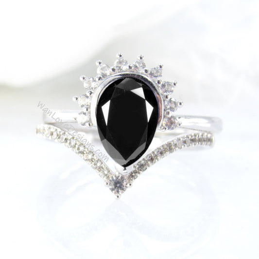 Pear Black Spinel Diamond Crown Half Halo Engagement Ring Set V Curved Wedding Band Semi Bezel, 14k 18k White Yellow Rose Gold,Custom