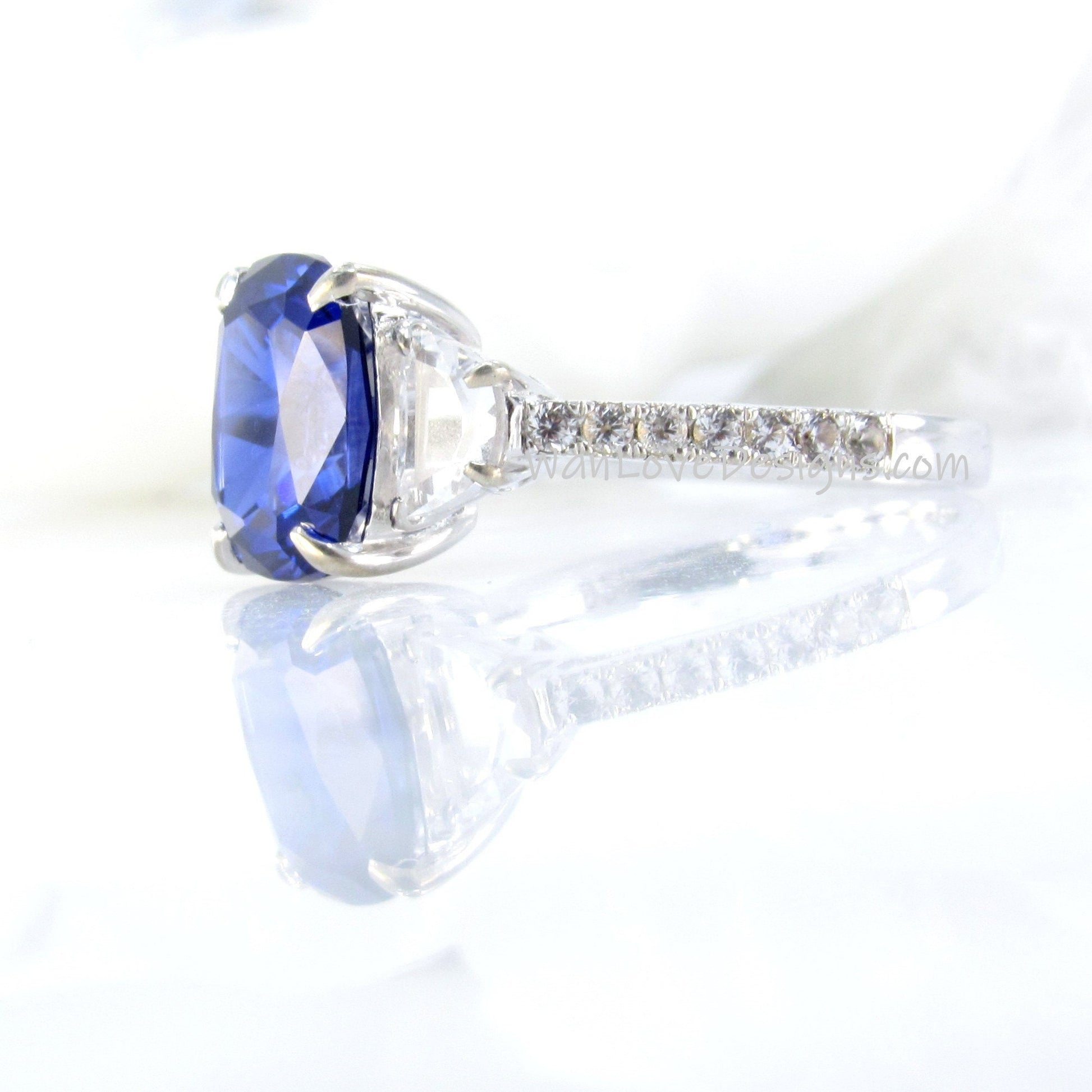 Blue White Sapphire Elongated Cushion Half moon Engagement Ring 4ct art deco three gem stone ring 3 gemstone wedding bridal anniversary gift