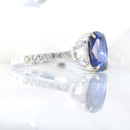 Blue White Sapphire Elongated Cushion Half moon Engagement Ring 4ct art deco three gem stone ring 3 gemstone wedding bridal anniversary gift