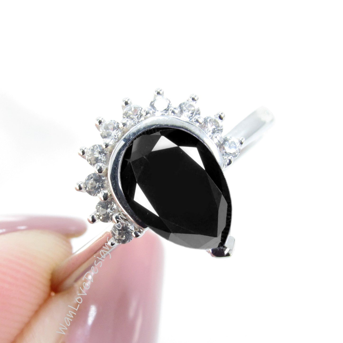 Black Spinel Pear Cut Ring, Semi Bezel Ring, Half Halo Diamonds ring, Black Spinel Engagement Ring, Black and White Halo Ring,WanLoveDesigns