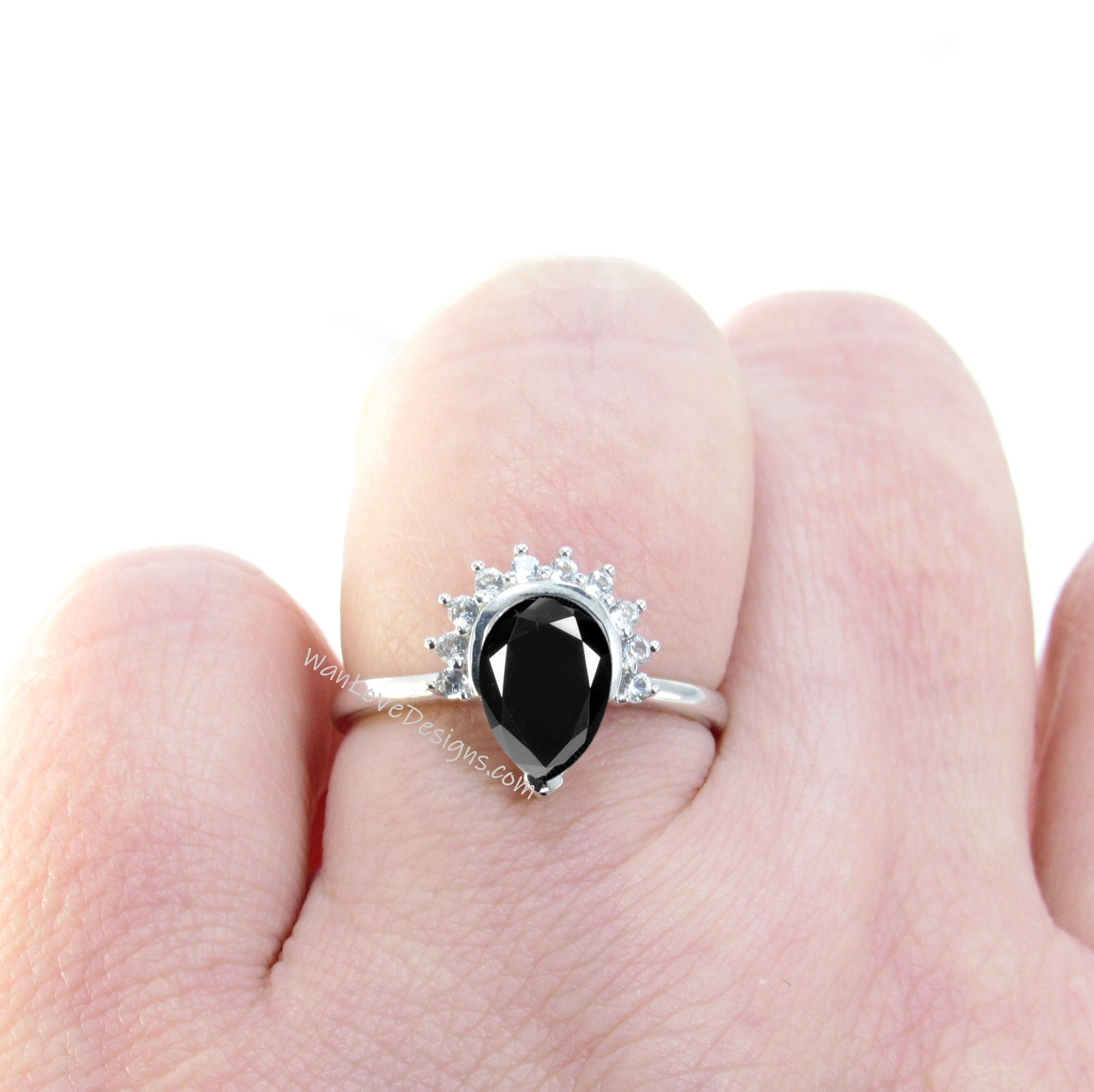 Black Spinel Pear Cut Ring, Semi Bezel Ring, Half Halo Diamonds ring, Black Spinel Engagement Ring, Black and White Halo Ring,WanLoveDesigns