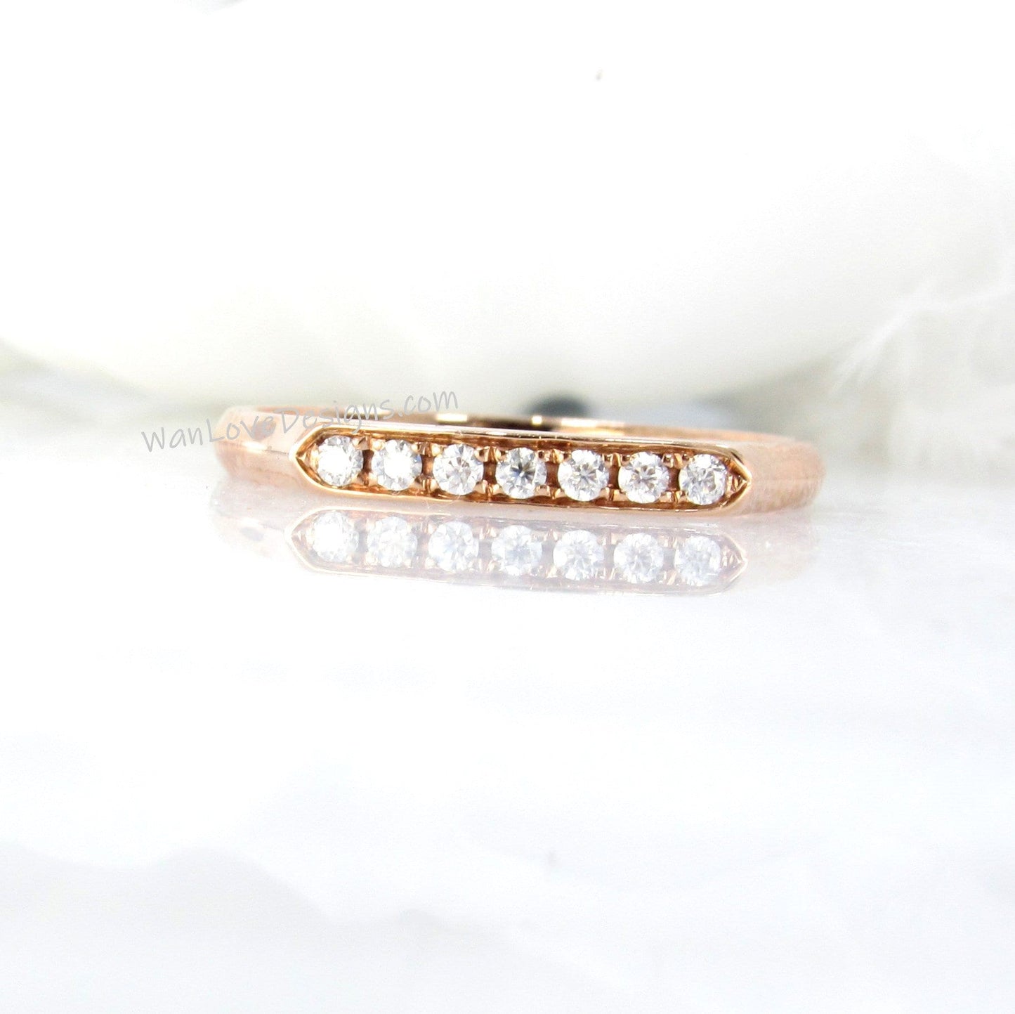 Modern Moissanite Ring, Modern Wedding Band, Rose Gold Moissanite Ring, Flat Top Art Deco Ring with Round Moissanite bridal band-Ready