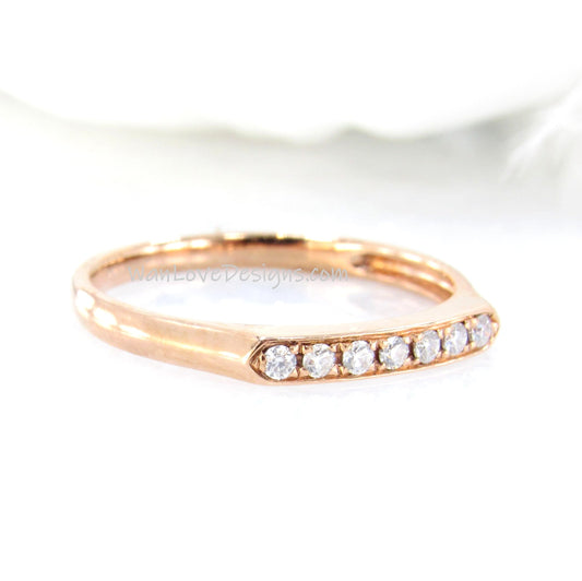 Modern Moissanite Ring, Modern Wedding Band, Rose Gold Moissanite Ring, Flat Top Art Deco Ring with Round Moissanite bridal band-Ready