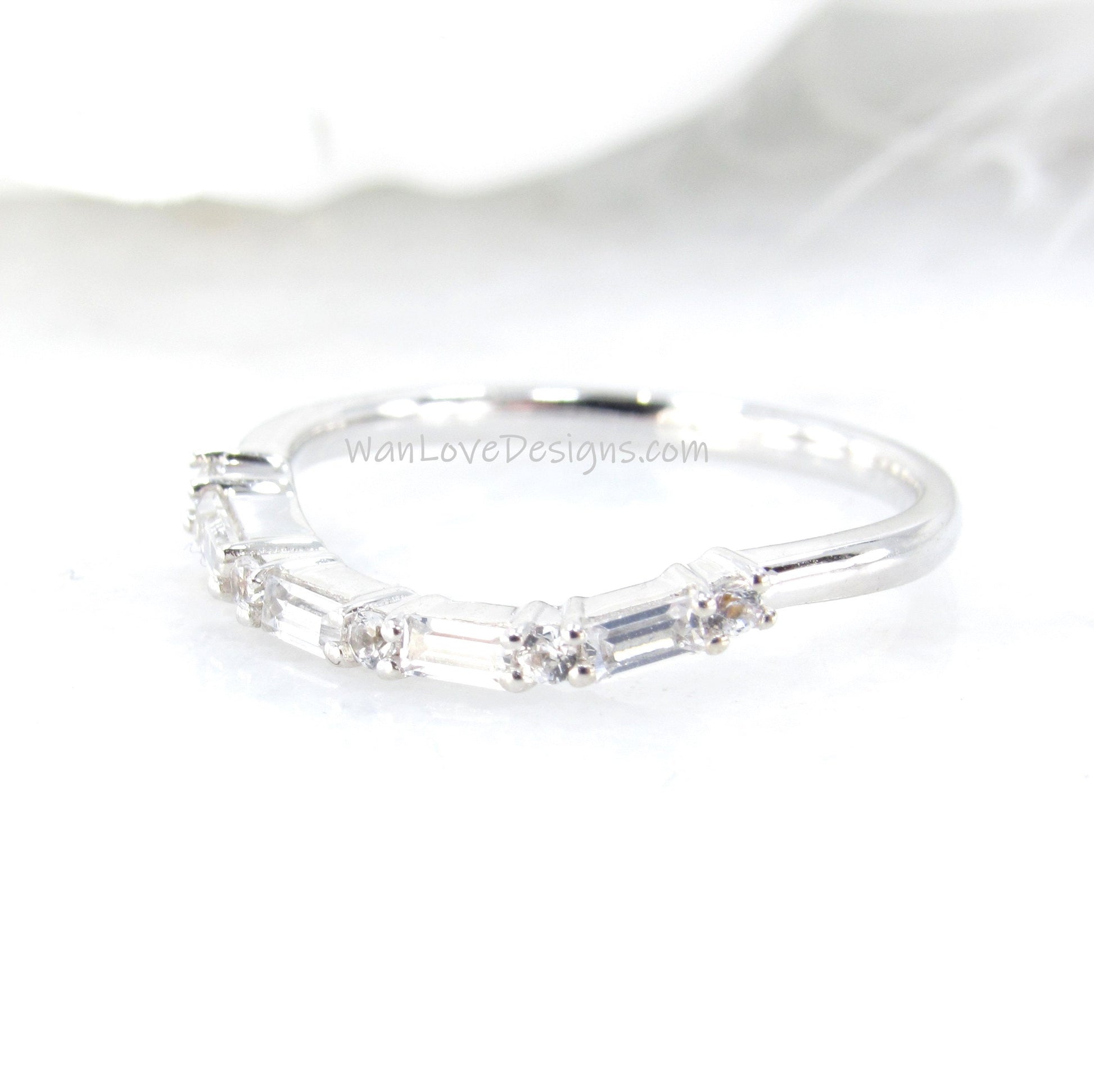 White Sapphire Wedding Band art deco Curved u shaped band contoured half eternity ring White Gold wedding anniversary bridal band Gift-Ready