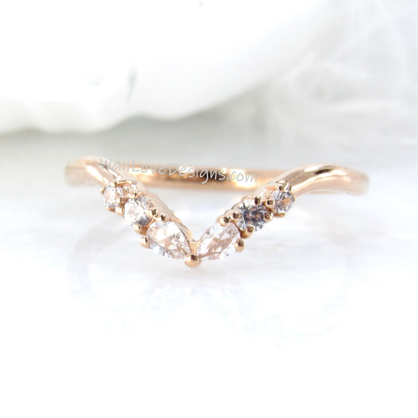 Art Deco Matching Rings/ White Sapphire Wedding Band/ Solid Rose Gold Dainty Bridal Ring/ Curved Design Women Ring/ Birthday Gift/ Ready