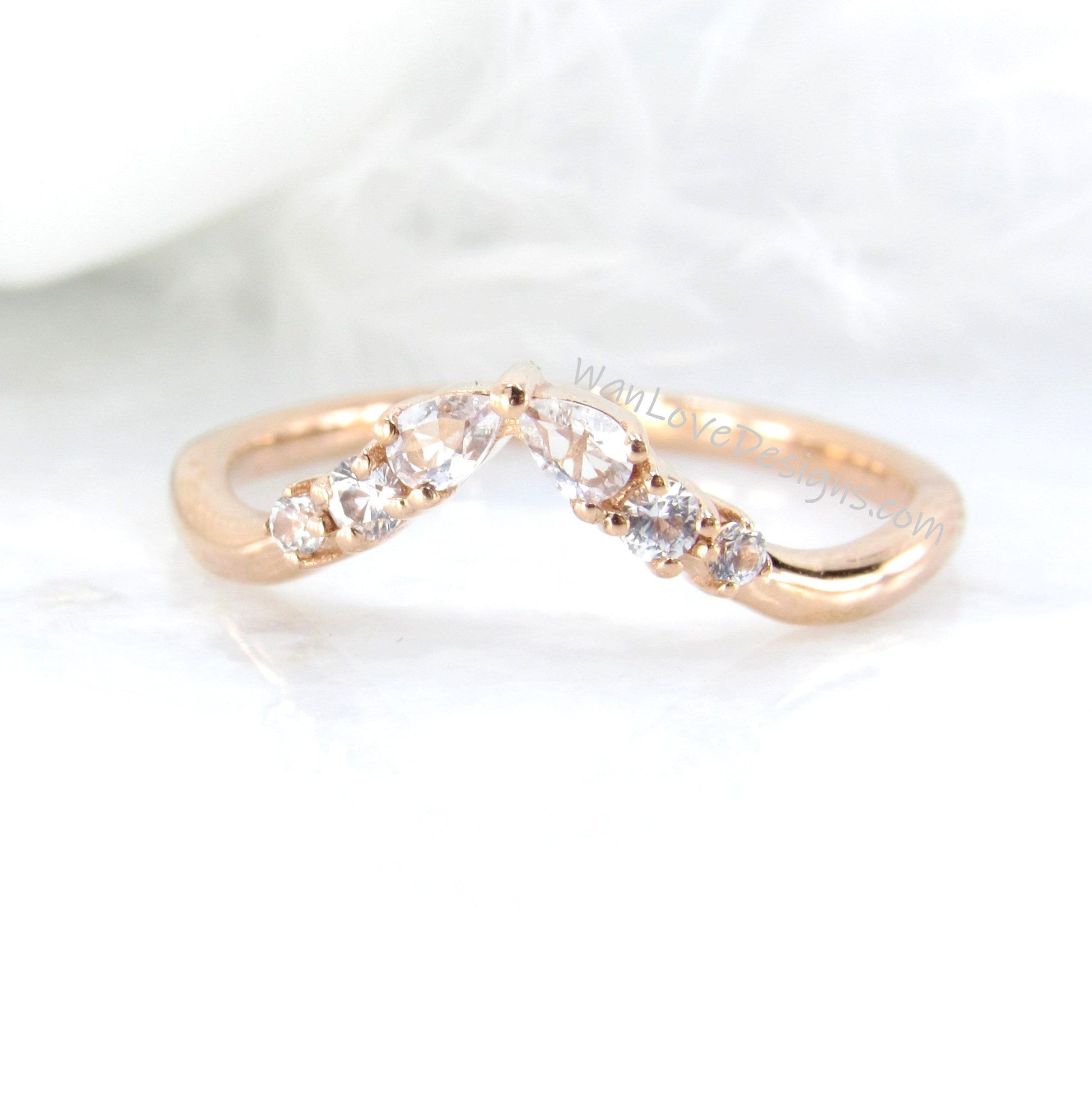 Art Deco Matching Rings/ White Sapphire Wedding Band/ Solid Rose Gold Dainty Bridal Ring/ Curved Design Women Ring/ Birthday Gift/ Ready