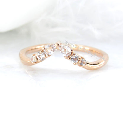 Art Deco Matching Rings/ White Sapphire Wedding Band/ Solid Rose Gold Dainty Bridal Ring/ Curved Design Women Ring/ Birthday Gift/ Ready