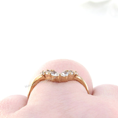 Art Deco Matching Rings/ White Sapphire Wedding Band/ Solid Rose Gold Dainty Bridal Ring/ Curved Design Women Ring/ Birthday Gift/ Ready