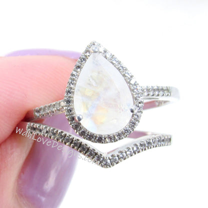 Moonstone Pear Halo Engagement Ring set, V chevron Curved Wedding Band set 2ct moon stone pear halo ring set bridal wedding Gift, Ready