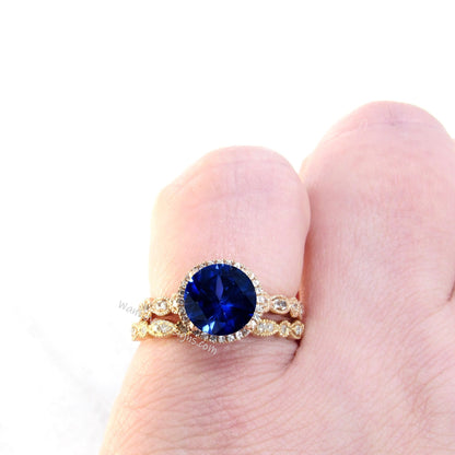 Blue Sapphire Sapphire Diamonds Round Halo WITH or WITHOUT Milgrain Wedding Set Rings Art Deco Rings, 14kt Solid Rose Gold bridal ring set