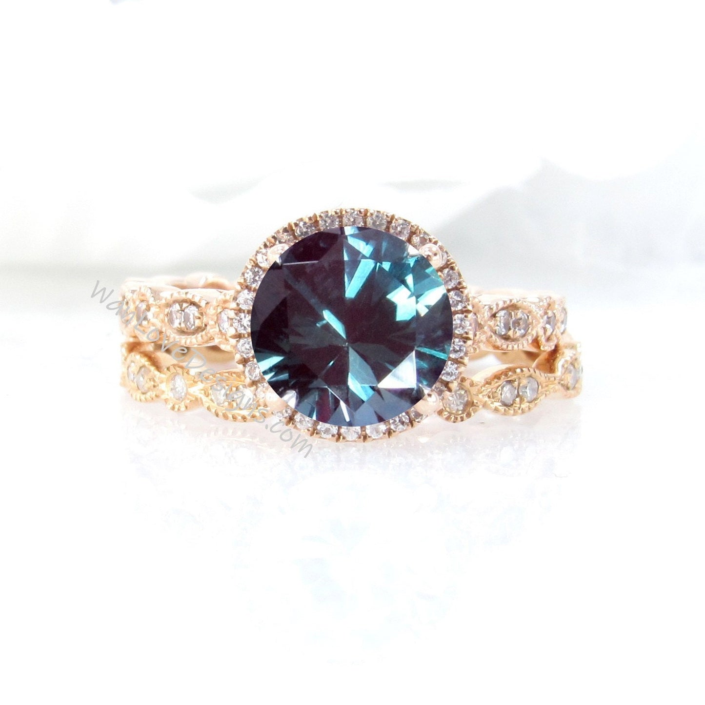 Alexandrite Diamonds Round Halo WITH or WITHOUT Milgrain Wedding Set Rings Rings, 14kt Solid Rose Gold, WanLoveDesigns