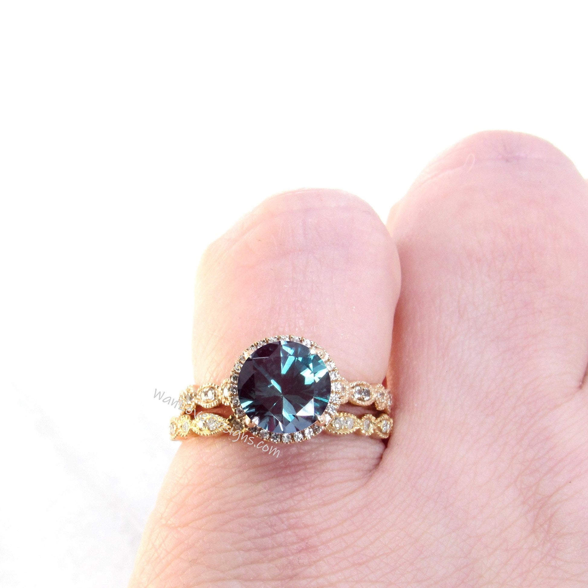 Alexandrite Diamonds Round Halo WITH or WITHOUT Milgrain Wedding Set Rings Rings, 14kt Solid Rose Gold, WanLoveDesigns