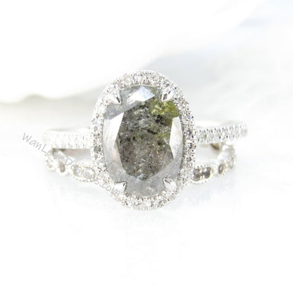 Oval Halo Salt & Pepper diamond ring set, engagement ring and wedding band, galaxy diamond ring, diamond wedding ring, leaf engagement ring