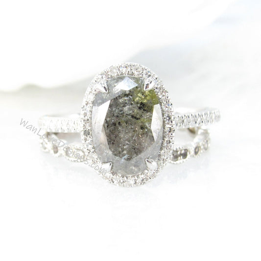 Oval Halo Salt & Pepper diamond ring set, engagement ring and wedding band, galaxy diamond ring, diamond wedding ring, leaf engagement ring