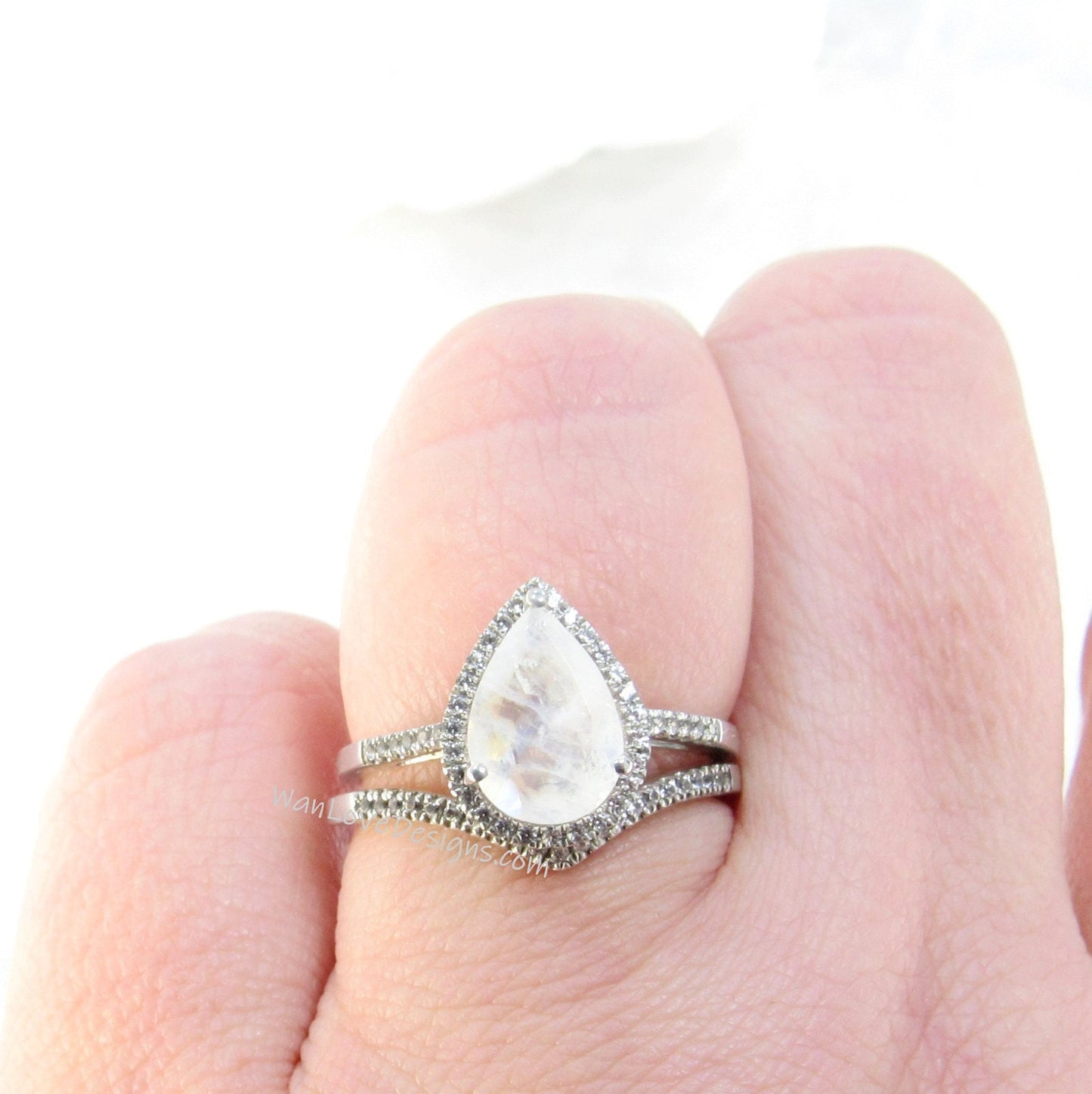 Moonstone Pear Halo Engagement Ring set, V chevron Curved Wedding Band set 2ct moon stone pear halo ring set bridal wedding Gift, Ready