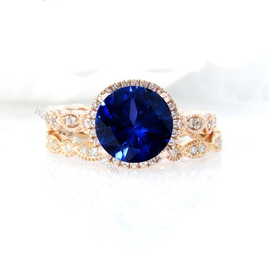 Blue Sapphire Sapphire Diamonds Round Halo WITH or WITHOUT Milgrain Wedding Set Rings Art Deco Rings, 14kt Solid Rose Gold bridal ring set