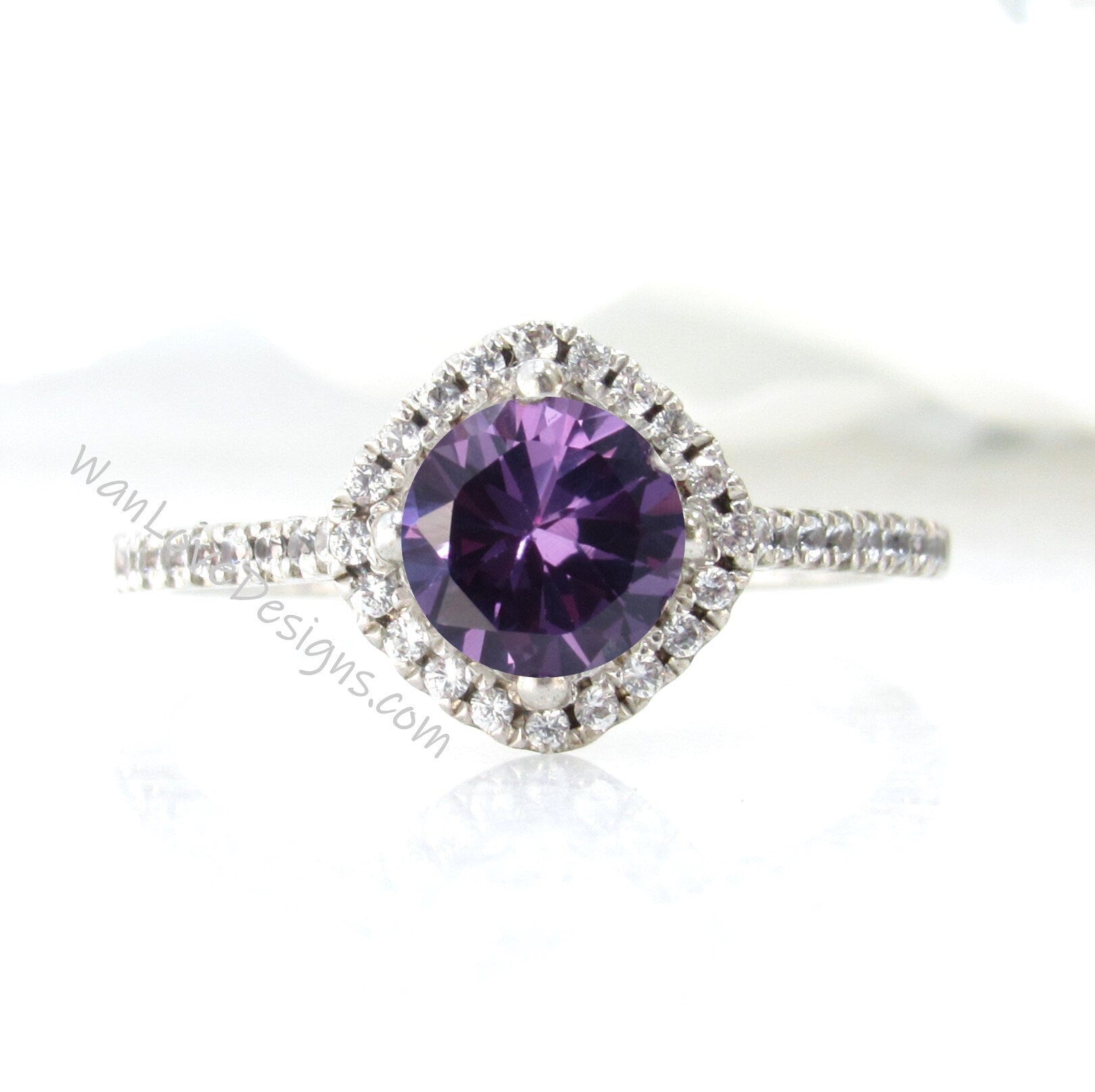 Purple Sapphire Alexandrite Color & Diamond Kite Cushion Halo Round Engagement Ring Set, Half Eternity Wedding Band, 14k 18k Gold