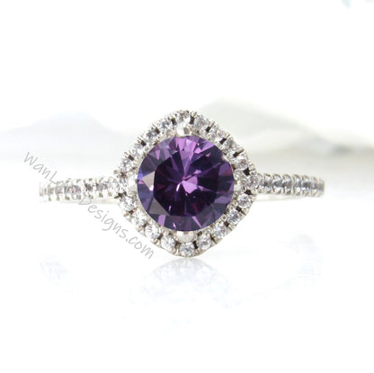 Purple Sapphire Alexandrite Color & Diamond Kite Cushion Halo Round Engagement Ring Set, Half Eternity Wedding Band, 14k 18k Gold