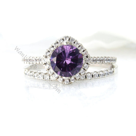 Purple Sapphire Alexandrite Color & Diamond Kite Cushion Halo Round Engagement Ring Set, Half Eternity Wedding Band, 14k 18k Gold