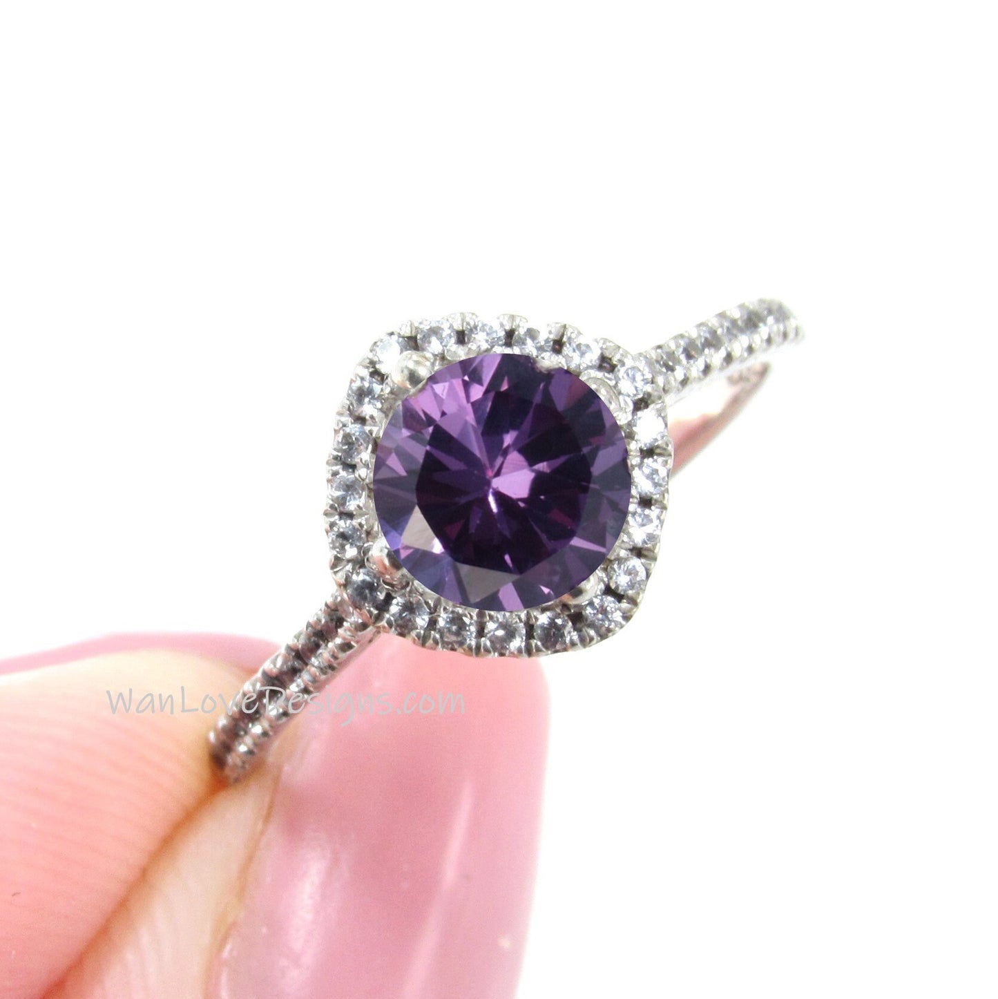 Purple Sapphire Alexandrite Color & Diamond Kite Cushion Halo Round Engagement Ring Set, Half Eternity Wedding Band, 14k 18k Gold