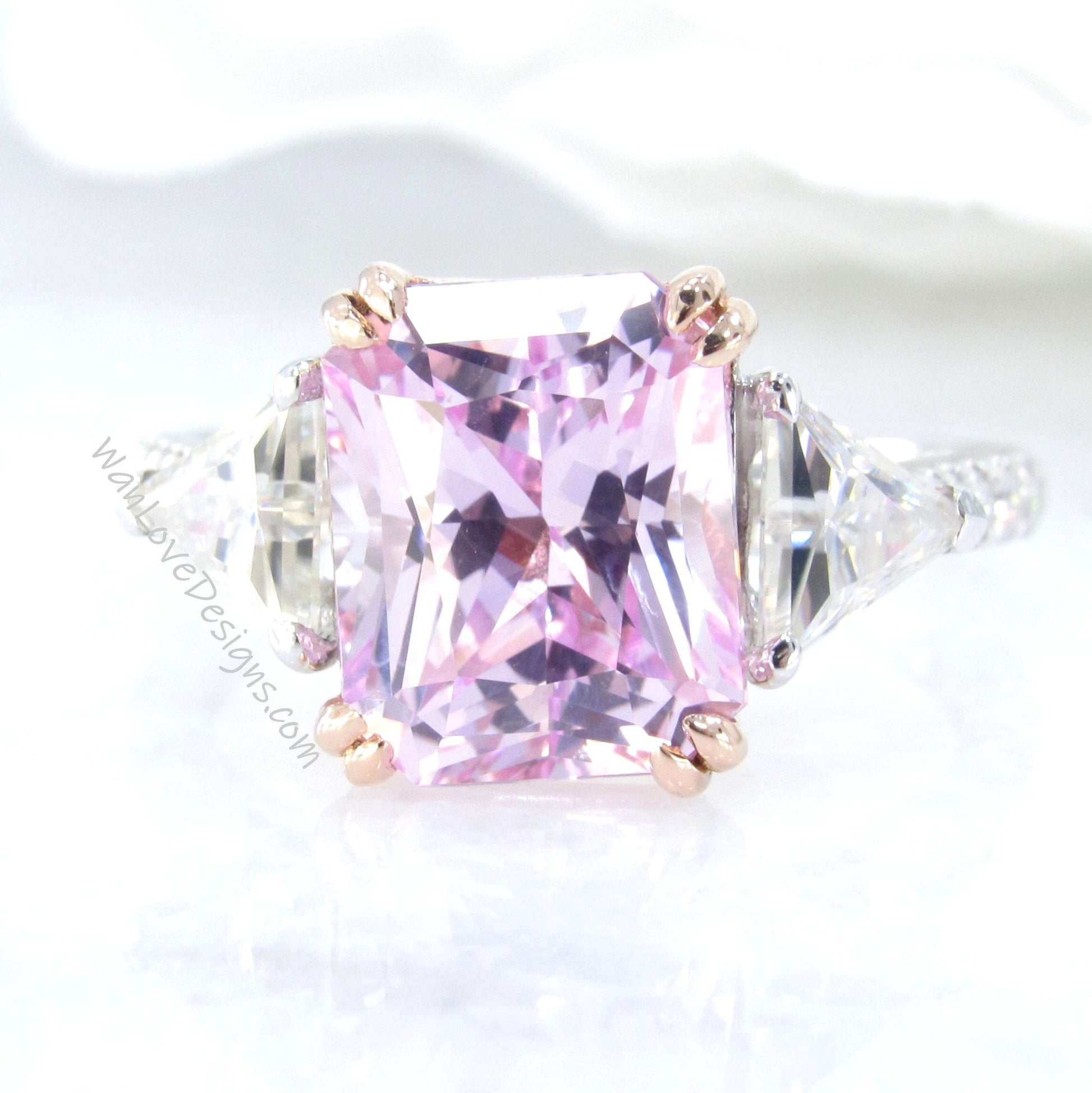 Light Pink Sapphire & Moissanite Radiant Triangle Engagement Ring-4ct 10x8mm-Custom-2 tone Rose White Gold-Wedding-Anniversary-Ready to Ship