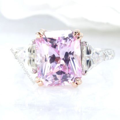 Light Pink Sapphire & Moissanite Radiant Triangle Engagement Ring-4ct 10x8mm-Custom-2 tone Rose White Gold-Wedding-Anniversary-Ready to Ship