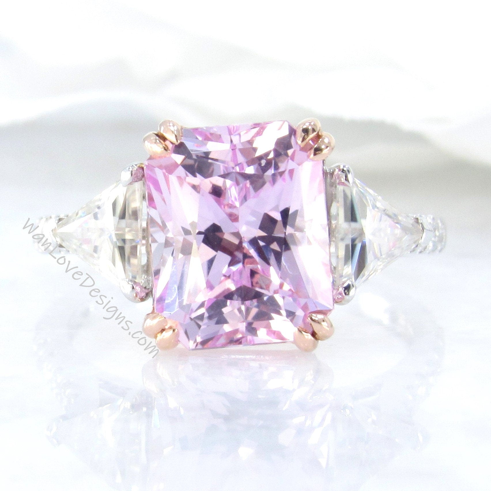 Light Pink Sapphire & Moissanite Radiant Triangle Engagement Ring-4ct 10x8mm-Custom-2 tone Rose White Gold-Wedding-Anniversary-Ready to Ship