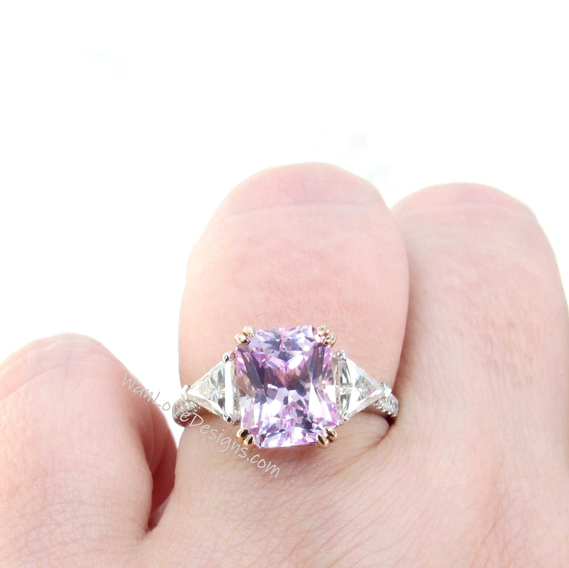 Light Pink Sapphire & Moissanite Radiant Triangle Engagement Ring-4ct 10x8mm-Custom-2 tone Rose White Gold-Wedding-Anniversary-Ready to Ship