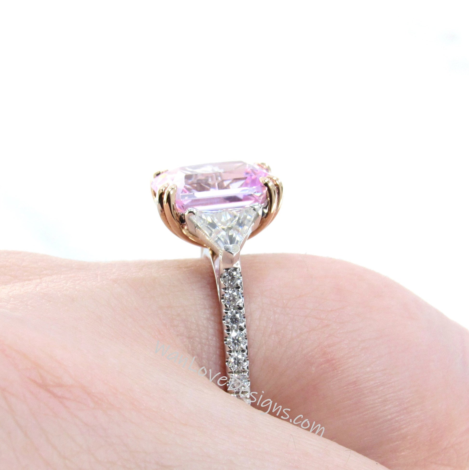 Light Pink Sapphire & Moissanite Radiant Triangle Engagement Ring-4ct 10x8mm-Custom-2 tone Rose White Gold-Wedding-Anniversary-Ready to Ship