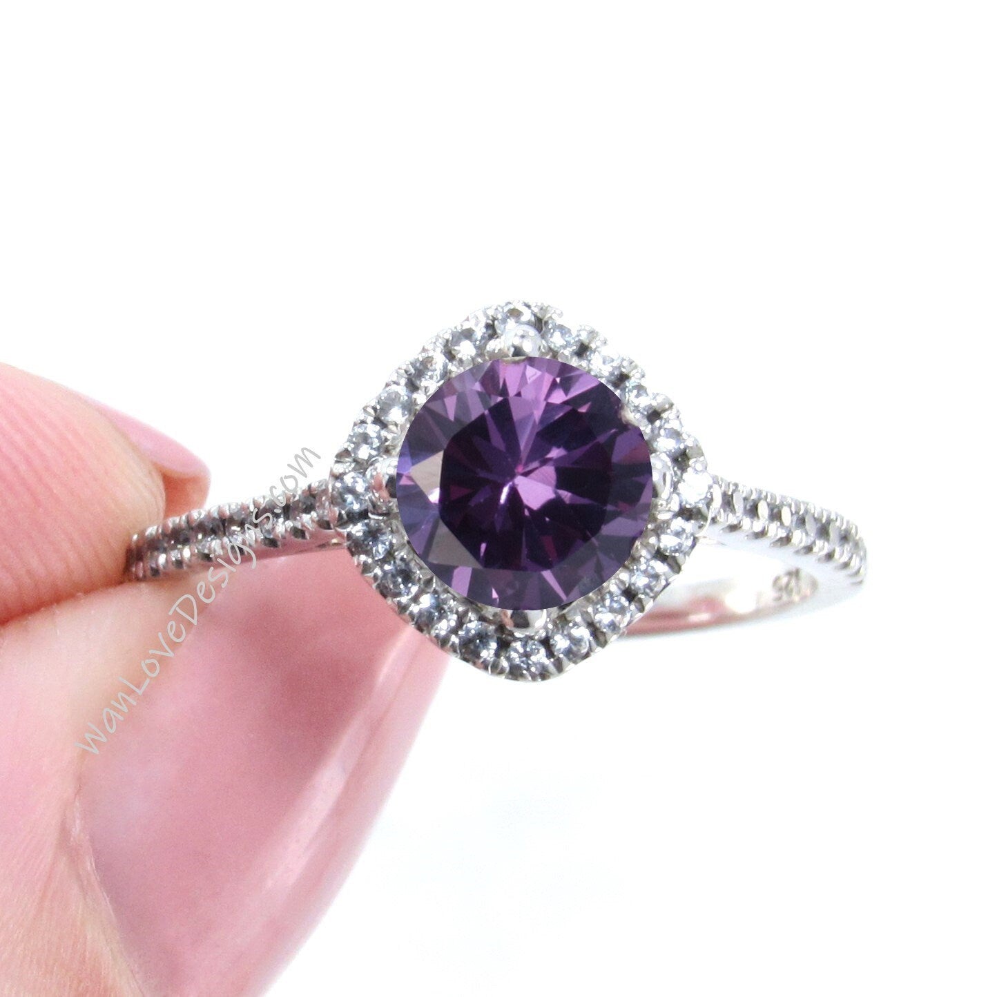 Purple Sapphire Alexandrite Color & Diamond Kite Cushion Halo Round Engagement Ring Set, Half Eternity Wedding Band, 14k 18k Gold