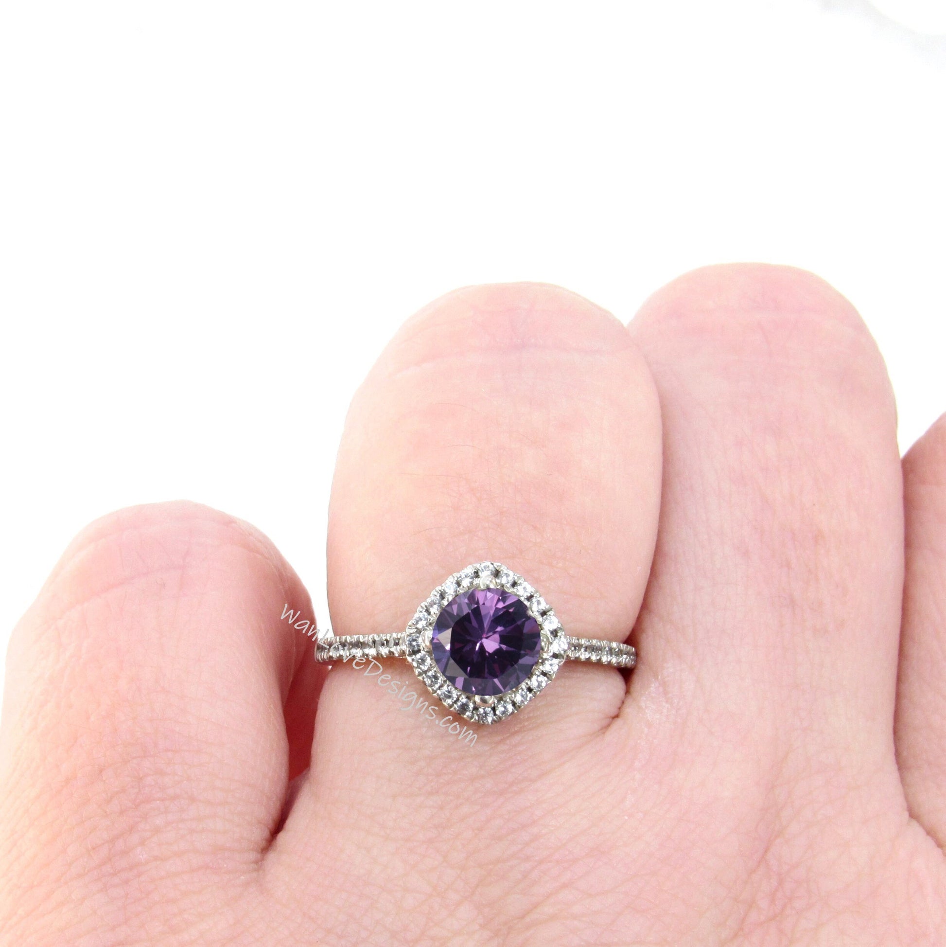 Purple Sapphire Alexandrite Color & Diamond Kite Cushion Halo Round Engagement Ring Set, Half Eternity Wedding Band, 14k 18k Gold