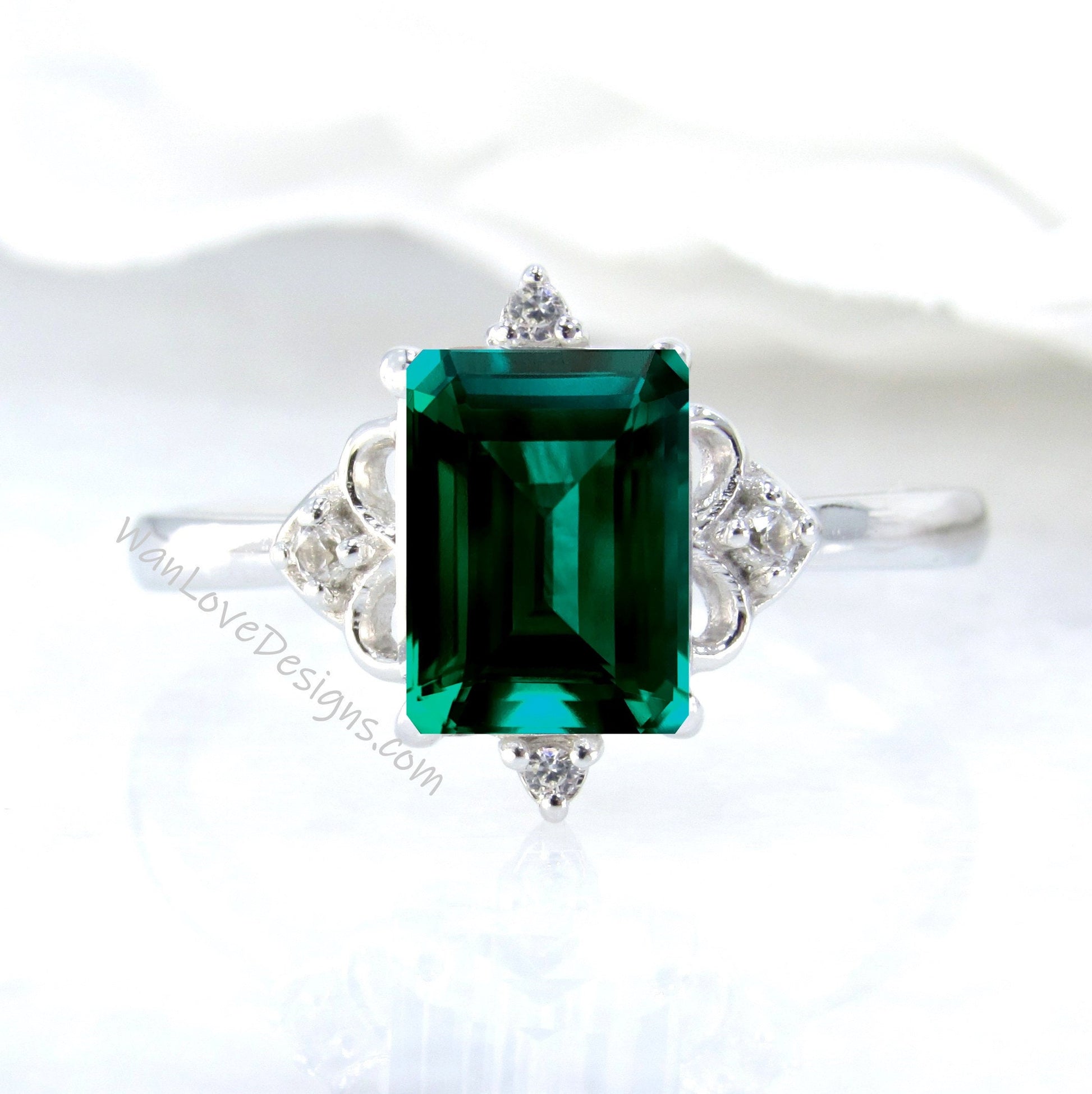 Emerald & Diamonds Dainty Emerald Art Deco Ornate Engagement Ring, 14kt 18kt Gold-Platinum-Wedding-Anniversary Gift, WanLoveDesigns