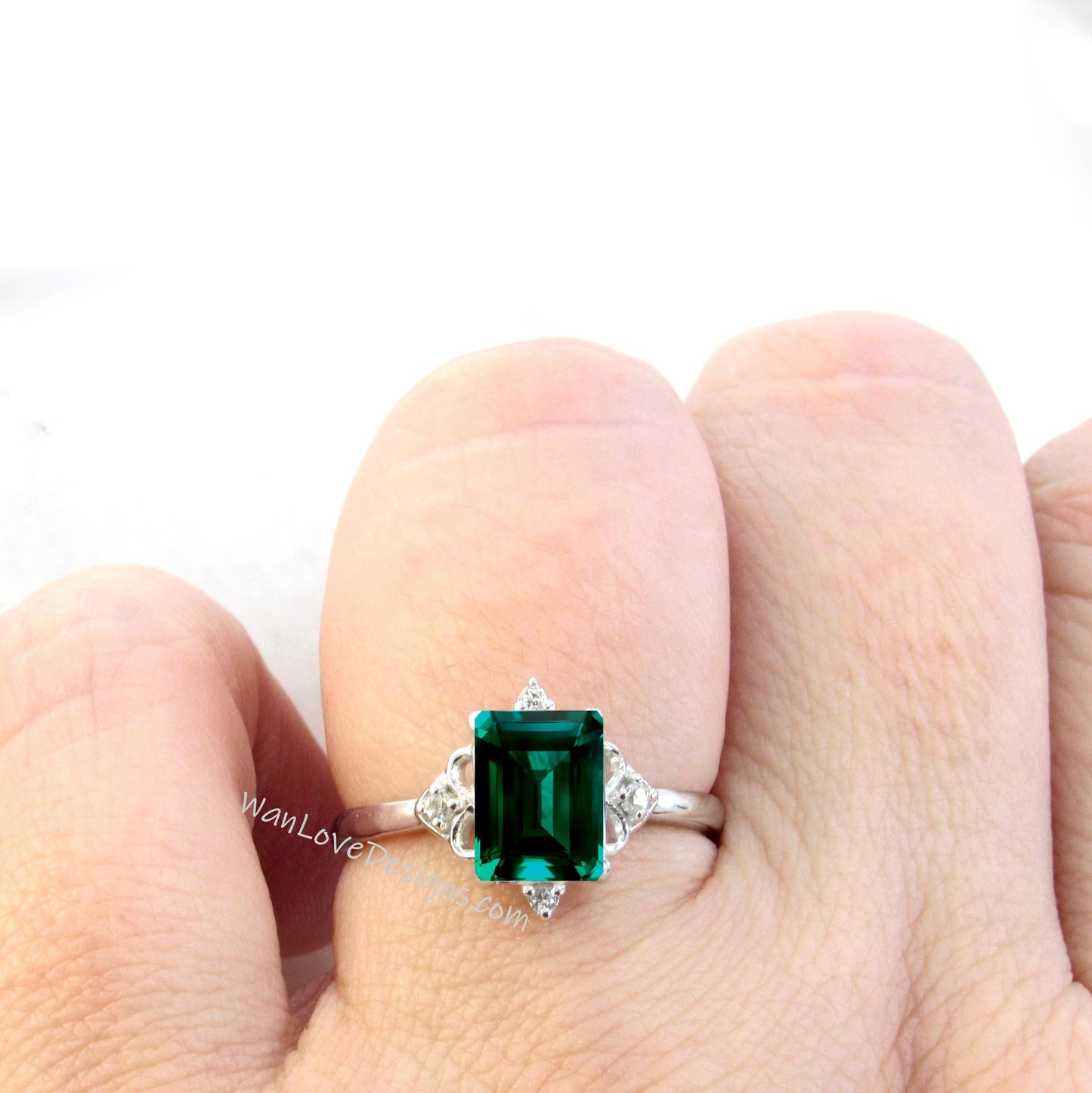 Emerald & Diamonds Dainty Emerald Art Deco Ornate Engagement Ring, 14kt 18kt Gold-Platinum-Wedding-Anniversary Gift, WanLoveDesigns