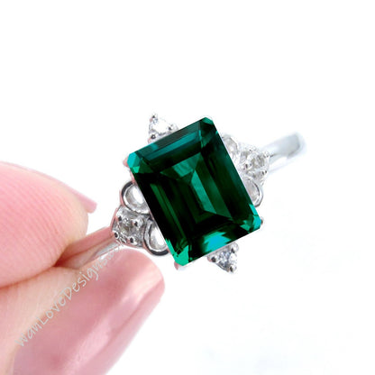 Emerald & Diamonds Dainty Emerald Art Deco Ornate Engagement Ring, 14kt 18kt Gold-Platinum-Wedding-Anniversary Gift, WanLoveDesigns