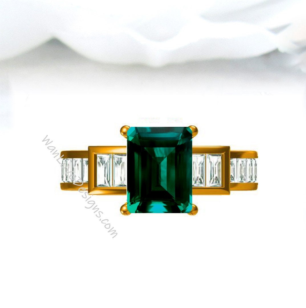 Emerald Art Deco Moissanite Emerald Baguette Engagement Ring 3ct 9x7mm Custom Wedding Anniversary Gift