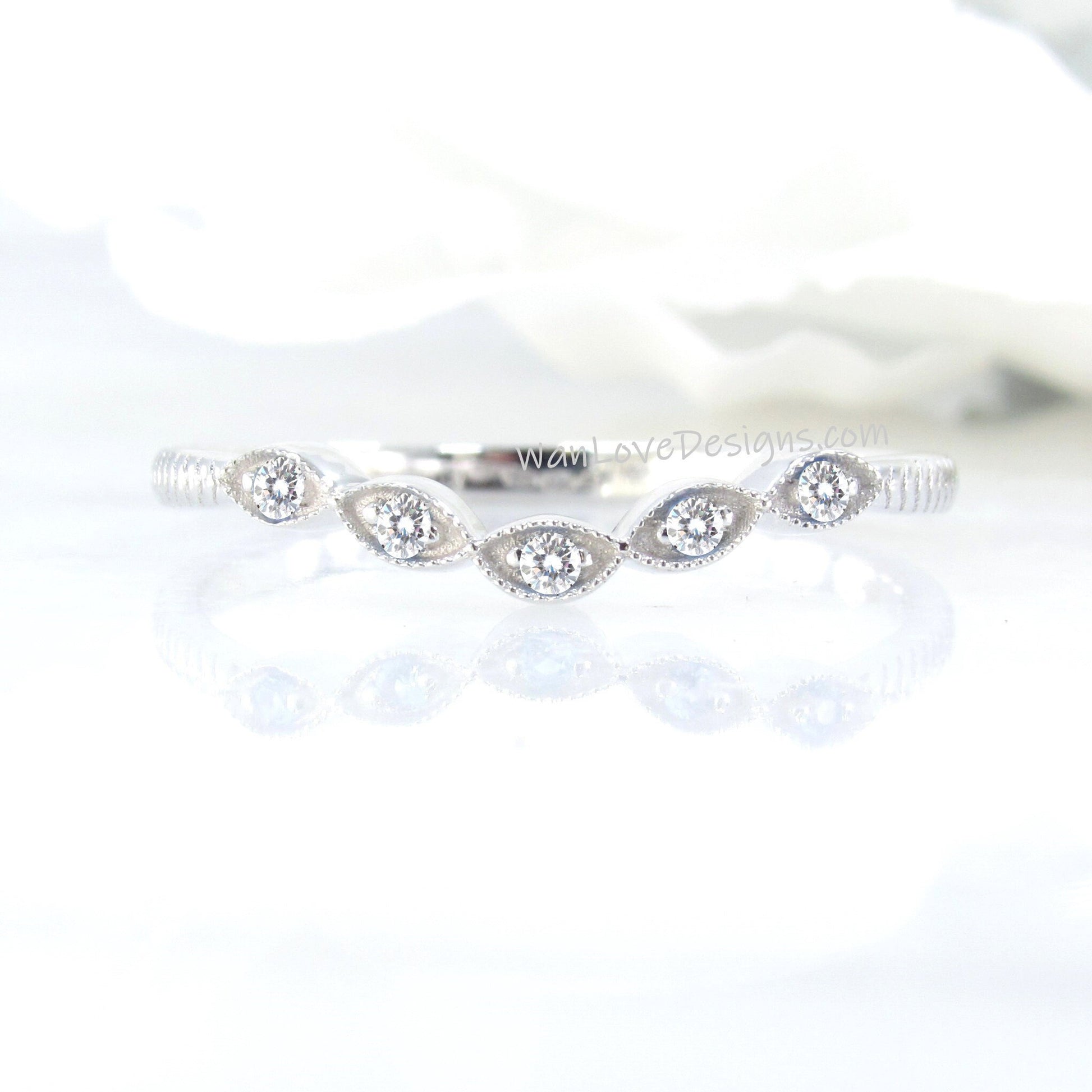 Vintage curved leaf ring, diamonds milgrain engraved antique band, womans curve moissanite ring, unique wedding ring, Birthstone Choice ring