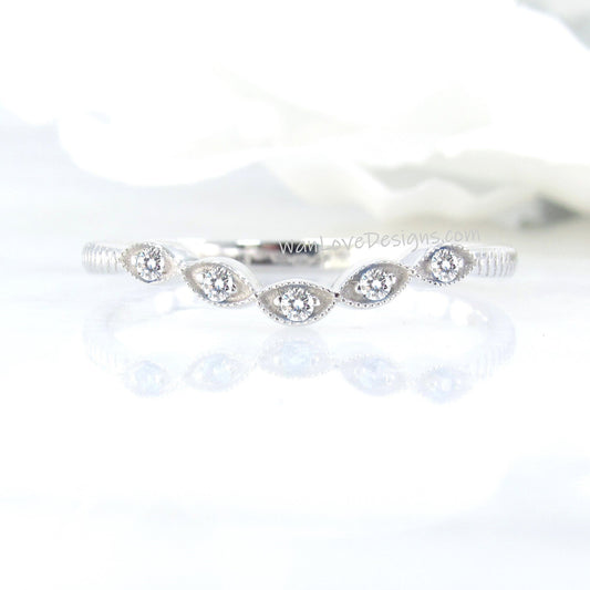 Vintage curved leaf ring, diamonds milgrain engraved antique band, womans curve moissanite ring, unique wedding ring, Birthstone Choice ring