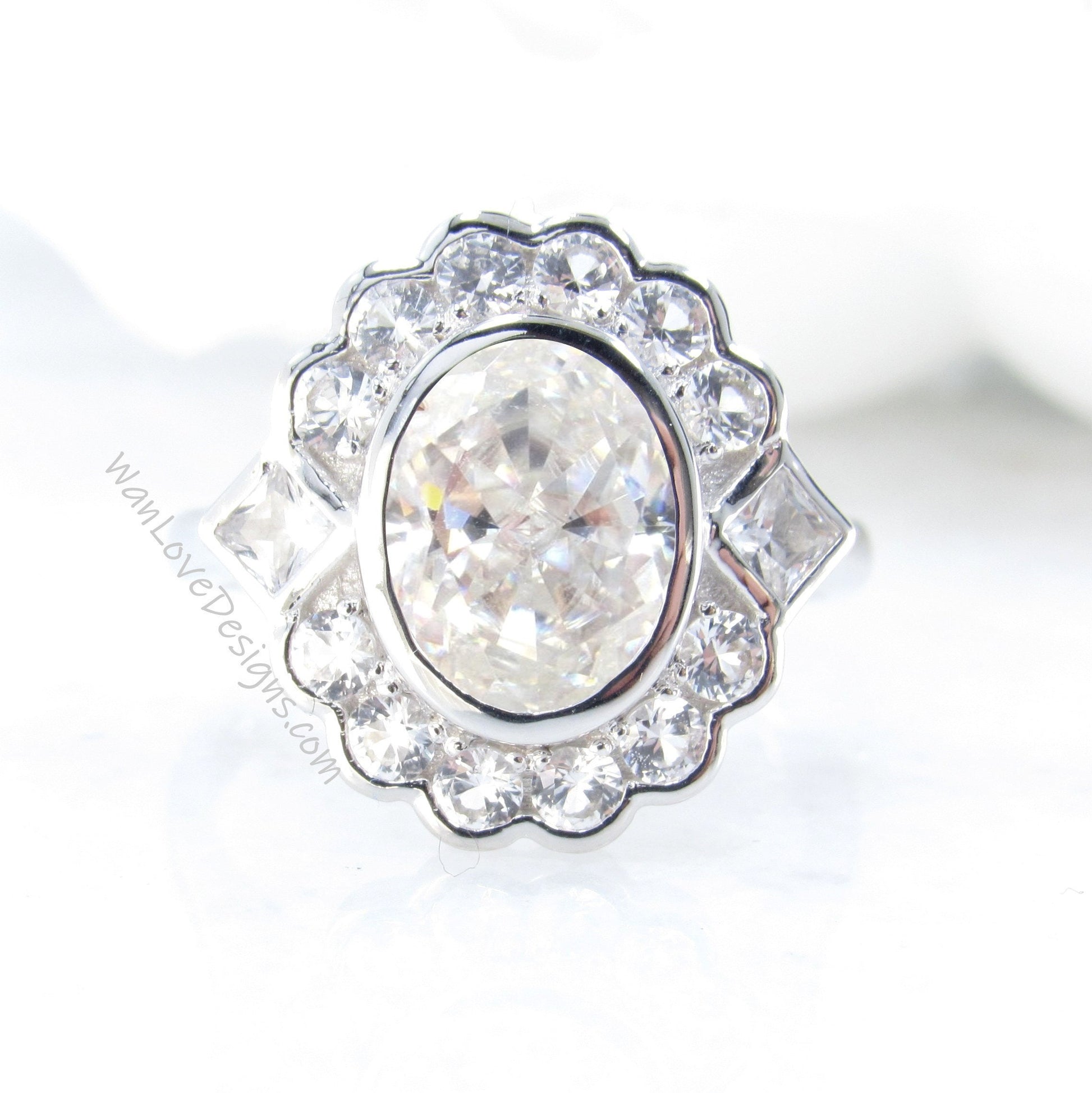 Oval Bezel Moissanite Engagement Ring vintage Unique halo diamond Cluster ring white gold ring antique diamond Bridal ring Anniversary gift