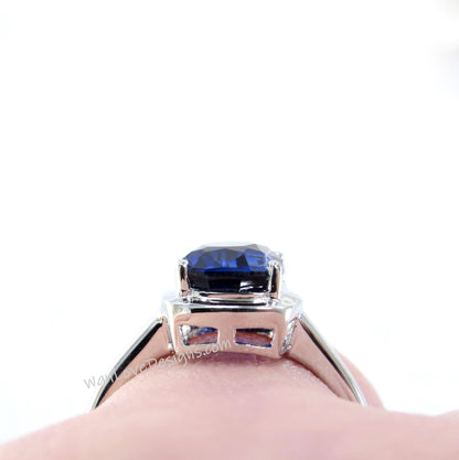 Blue Sapphire Solitaire Elongated Cushion Bezel prong Engagement Ring-3ct-9x7mm-Wedding-Aniversary Gift-Silver Rhodium-Ready to Ship