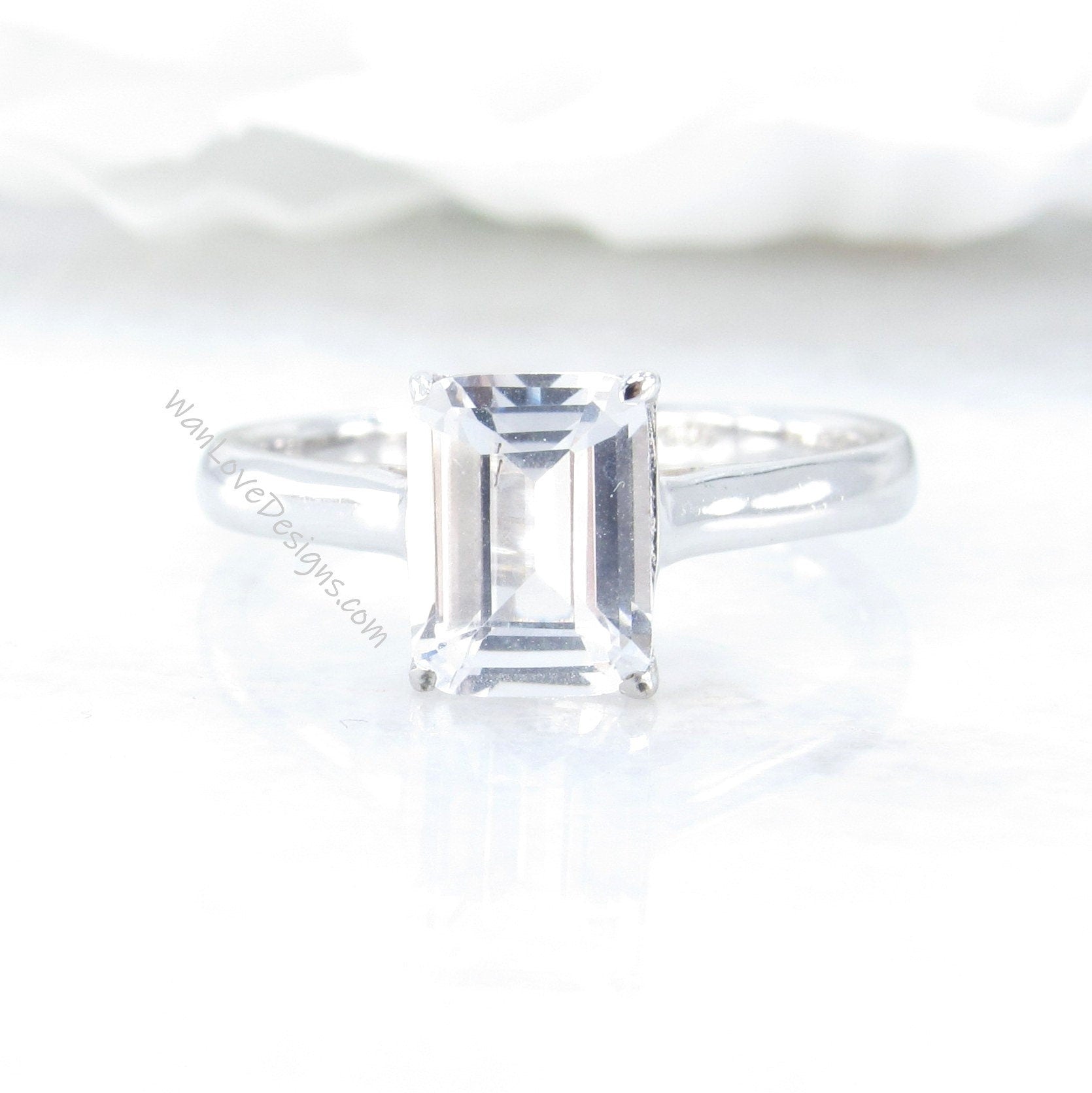 2ct Emerald Cut White Sapphire Solitaire Ring Cathedral 4 prong White Sapphire Engagement Ring Bridal Promise Ring, Ready to ship Ring