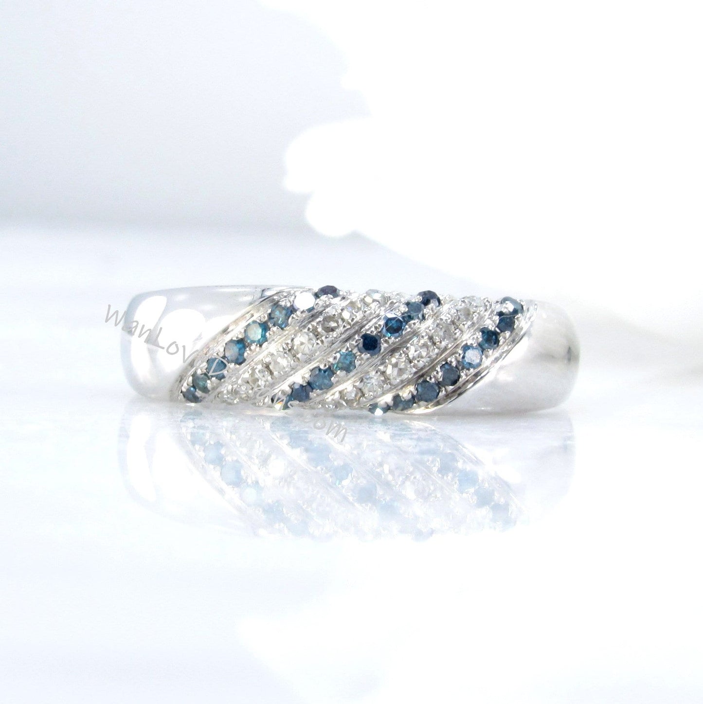 Diagonal Blue White Diamond Band | Round Pave Diamond Band | Wedding Band | Engagement Ring | Cross Anniversary Gift | Ready to Ship Band