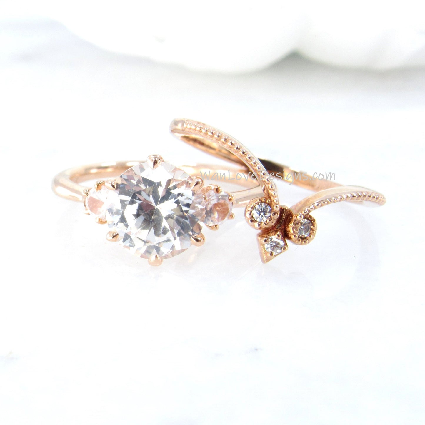 White Sapphire Engagement Ring Set Milgrain Fleur de Lis Contoured V Wedding Band Round 2ct Custom Rose Gold-Ready to Ship